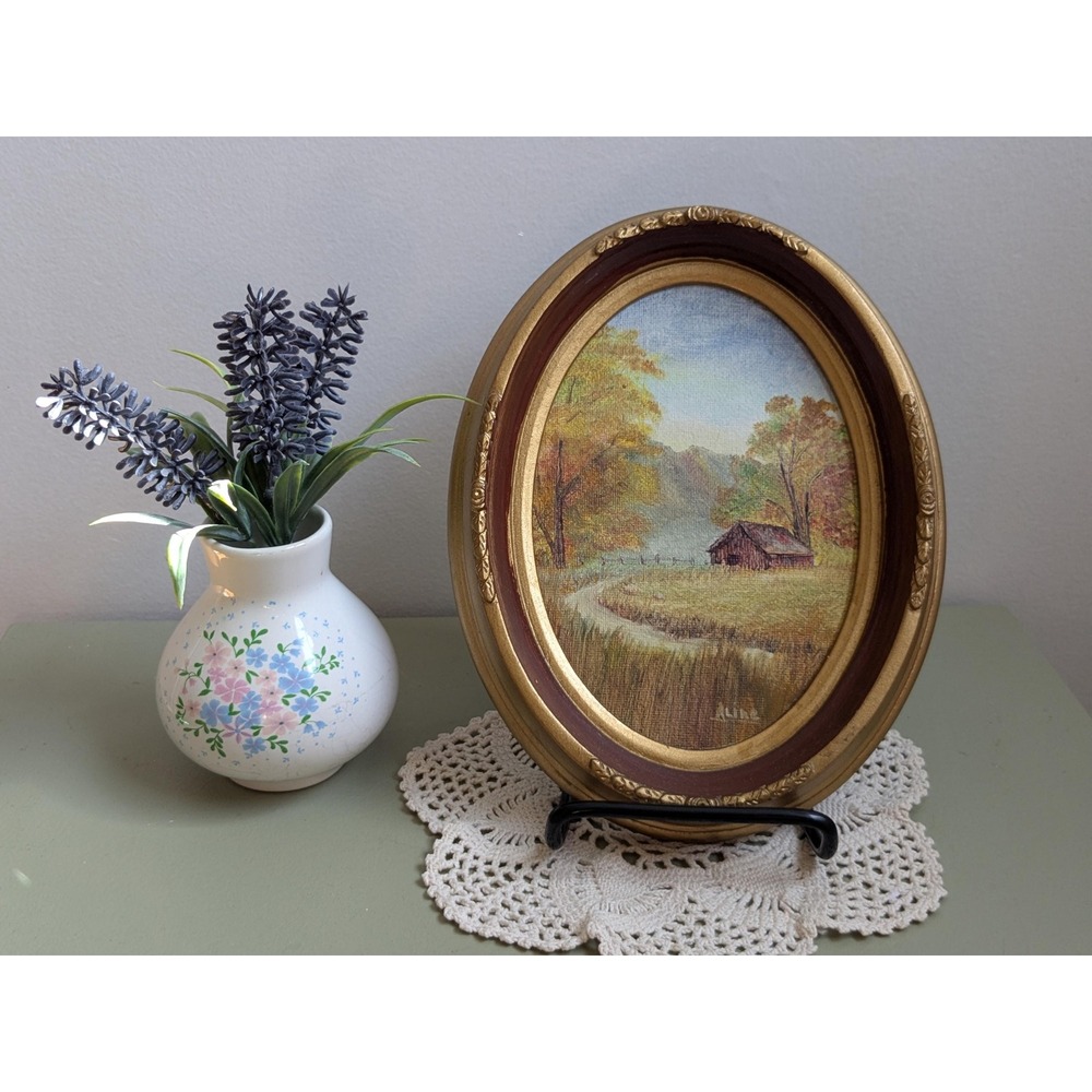 Vintage Signed Mini Landscape Painting Oval Gold Frame Canadian Cottage Art